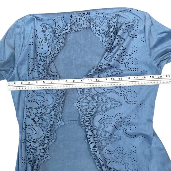 Alberto Makali Light Blue Faux Suede Laser Cut Waterfall Flyaway Cardigan SZ L - Picture 11 of 13